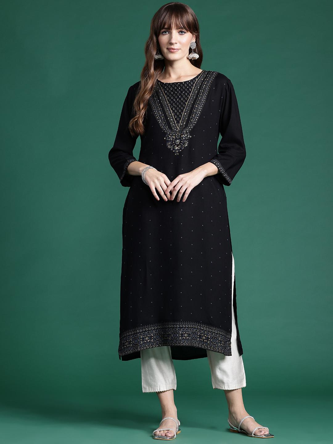 Indo Era Black Printed Straight Kurtas