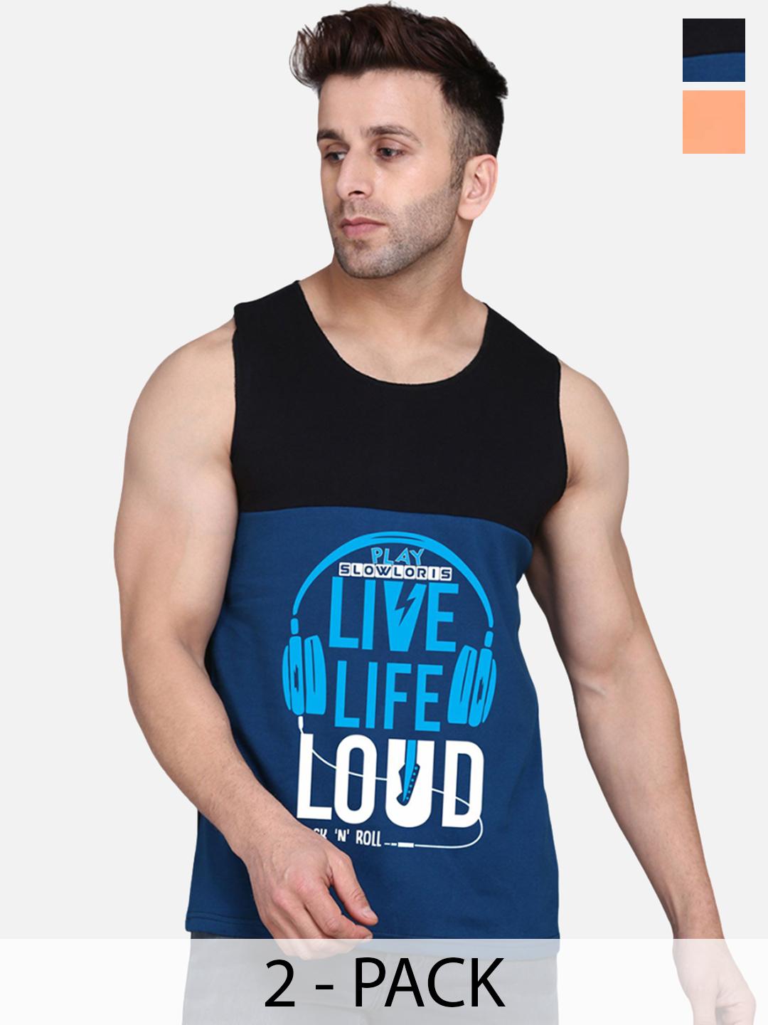 Buy SLOWLORIS Men Pack Of 2 Printed Gym Innerwear Vests SL26 COMBO (LOUD BLKPCK) (ADV RUST) - - Apparel for Men