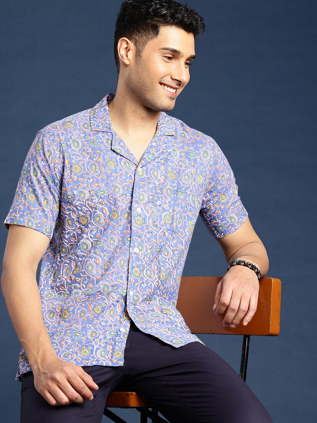 Taavi Men Comfort Ethnic Motifs Block Print Cuban Collar Pure Cotton Casual Shirt