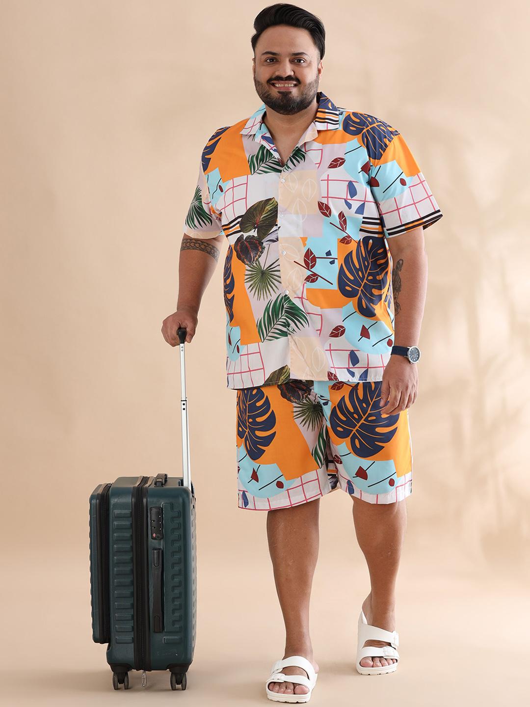 Men's Printed Cuban Collar Relaxed Fit Black Co-Ords Set