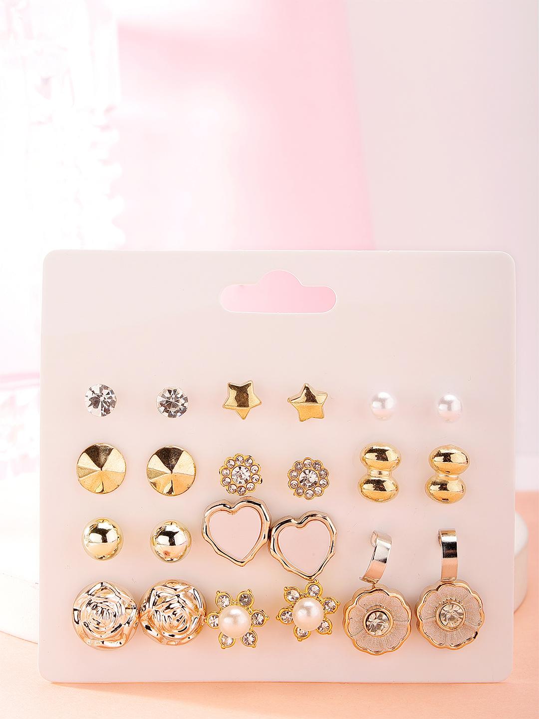 Buy Bohey By KARATCART Set Of 12 Gold Plated Cubic Zirconia Contemporary Studs -  - Accessories for Women
