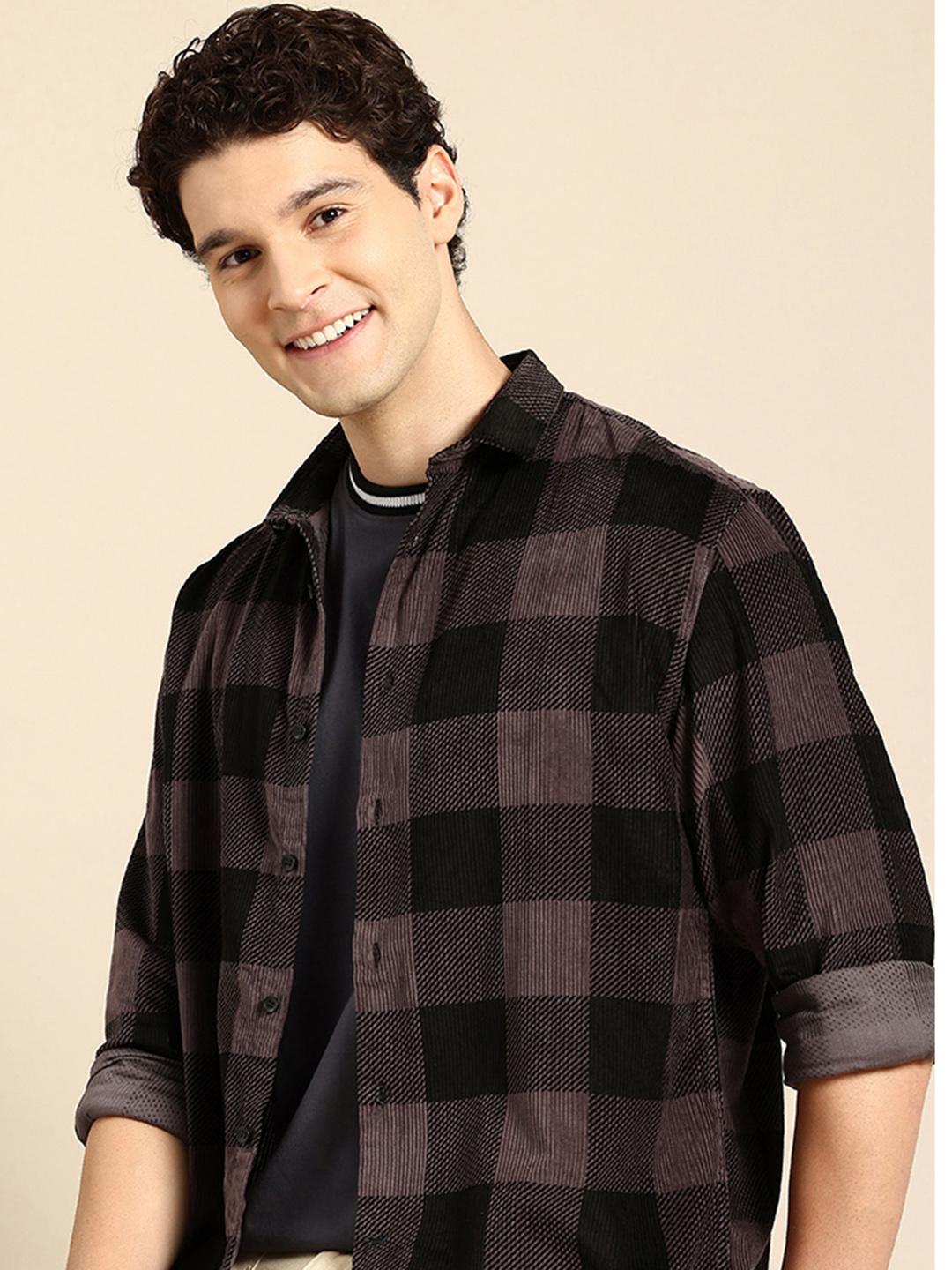 Mast & Harbour Pure Cotton Corduroy Opaque Checked Relaxed Fit Casual Shirt
