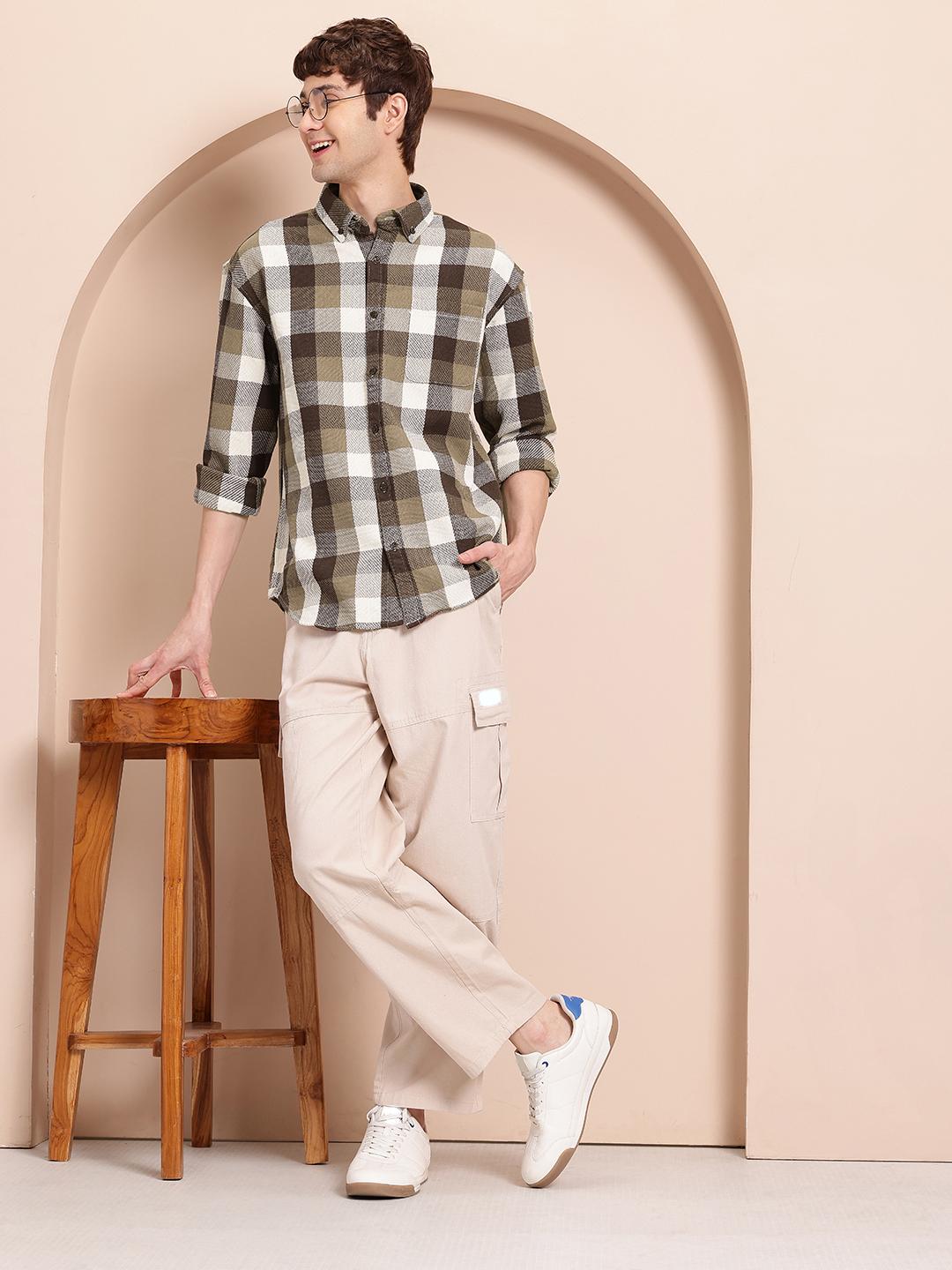 Mast & Harbour Buffalo Self-Checked Drop-Sleeves Relaxed Fit Casual Shirt