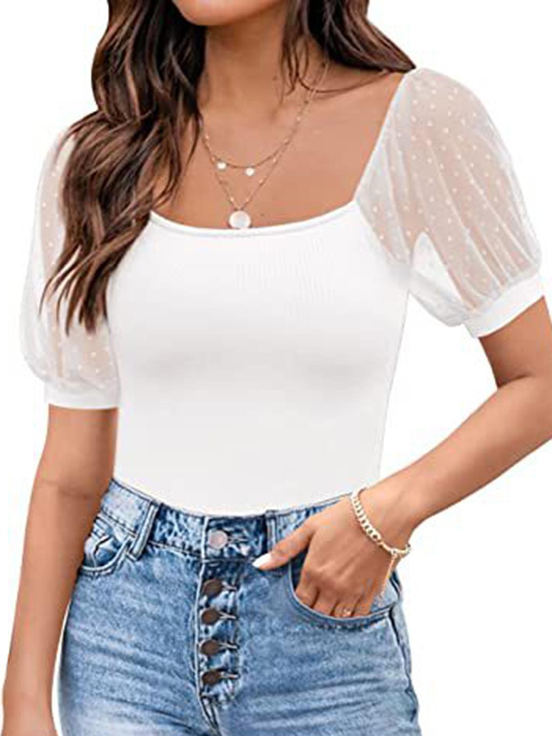 Women's Square Neck Puff Sleeve Cotton Top