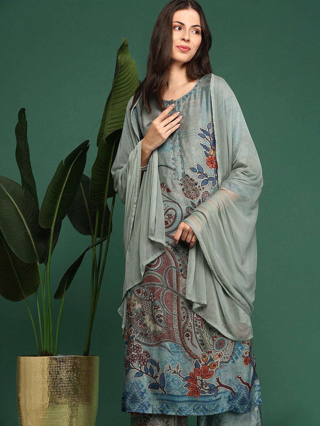 Women's Teal Floral Printed Regular Beads And Stones Kurta Set