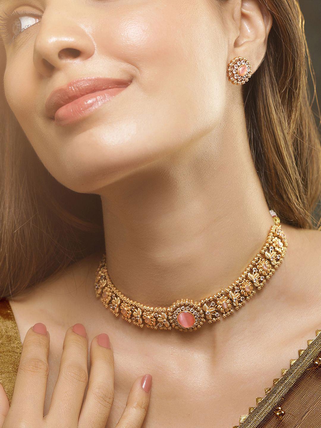 Buy Rubans 24K Gold Plated Handcrafted Pastel Pink & White Cubic Zirconia Studded Choker Set -  - Accessories for Women