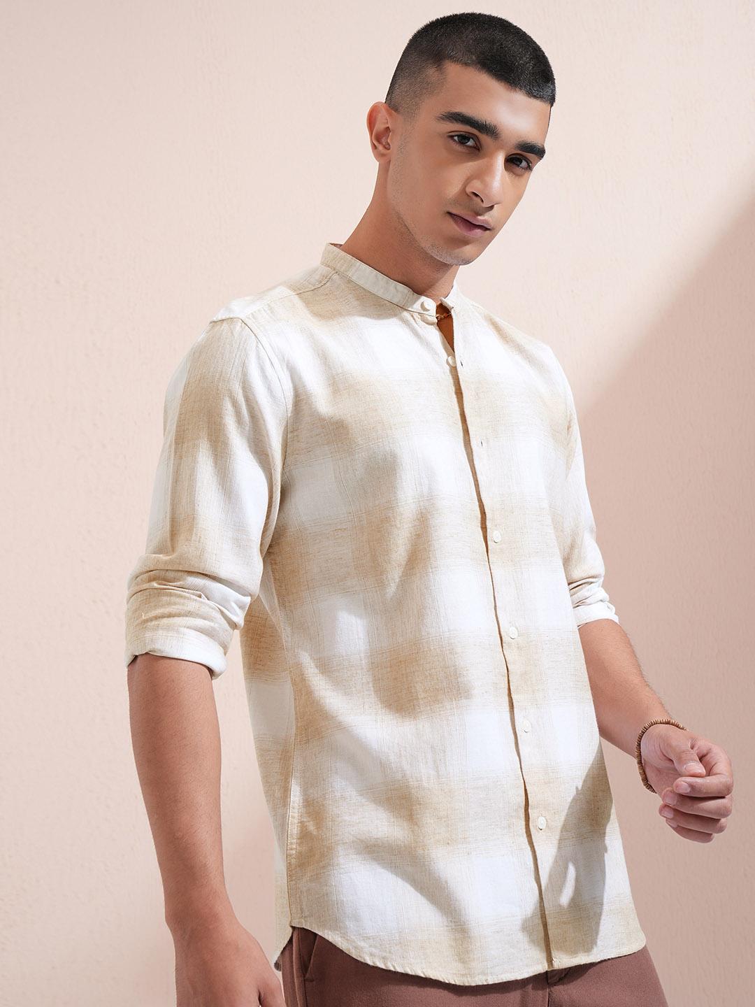 Highlander Men Natural Yarn Checked Mandarin Collar Casual Shirt