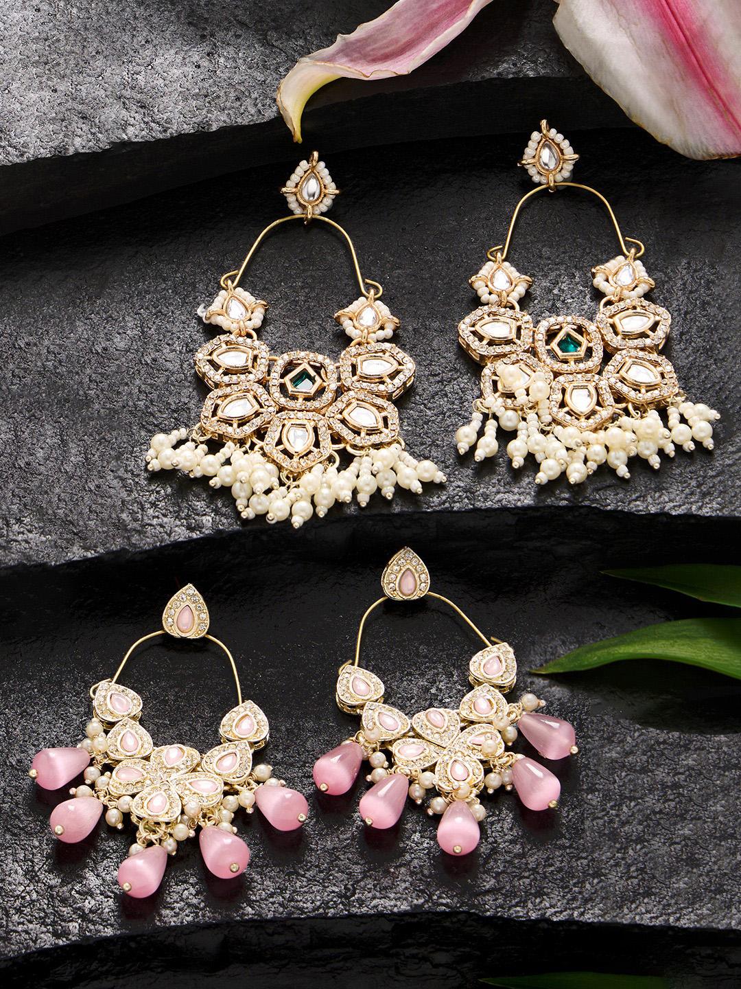 Buy Zaveri Pearls Set Of 2 Gold Plated Austrian Diamond Stone Studded & Beaded Drop Earrings - - Accessories for Women