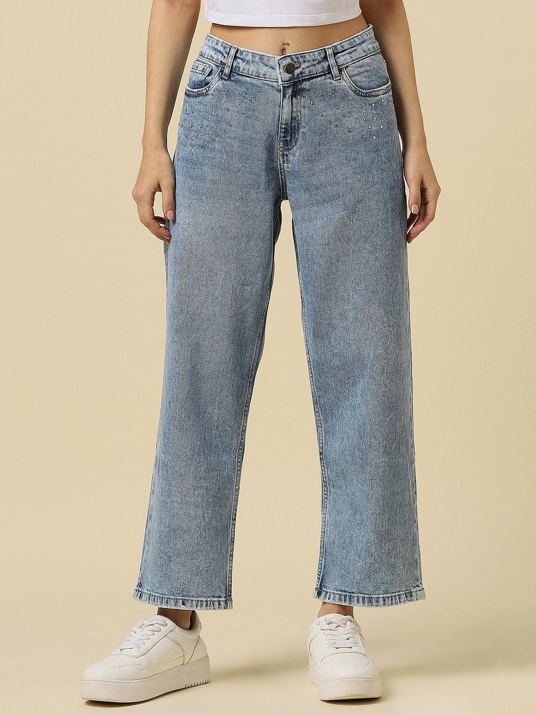Allen Solly Woman Slim Straight Fit Mid-Rise Heavy Fade Embellished Stretchable Jeans