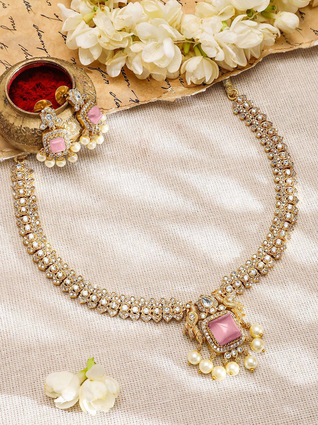 Buy Rubans 22K Gold Plated Pink AD & White CubicZirconia Studded Jewellery Set With Pearl Drop - - Accessories for Women
