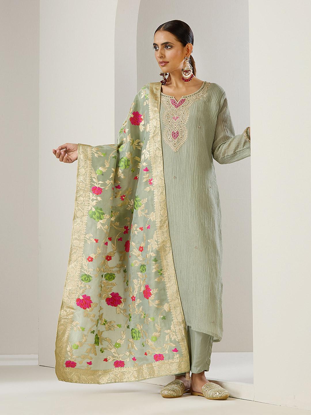 Ishin Women's Green Embroidered A-Line Kurta with Trouser & Dupatta