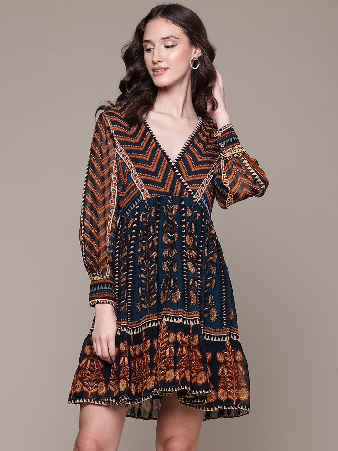 Buy Label Ritu Kumar Ethnic Motifs Print Georgette Fit & Flare Dress ...
