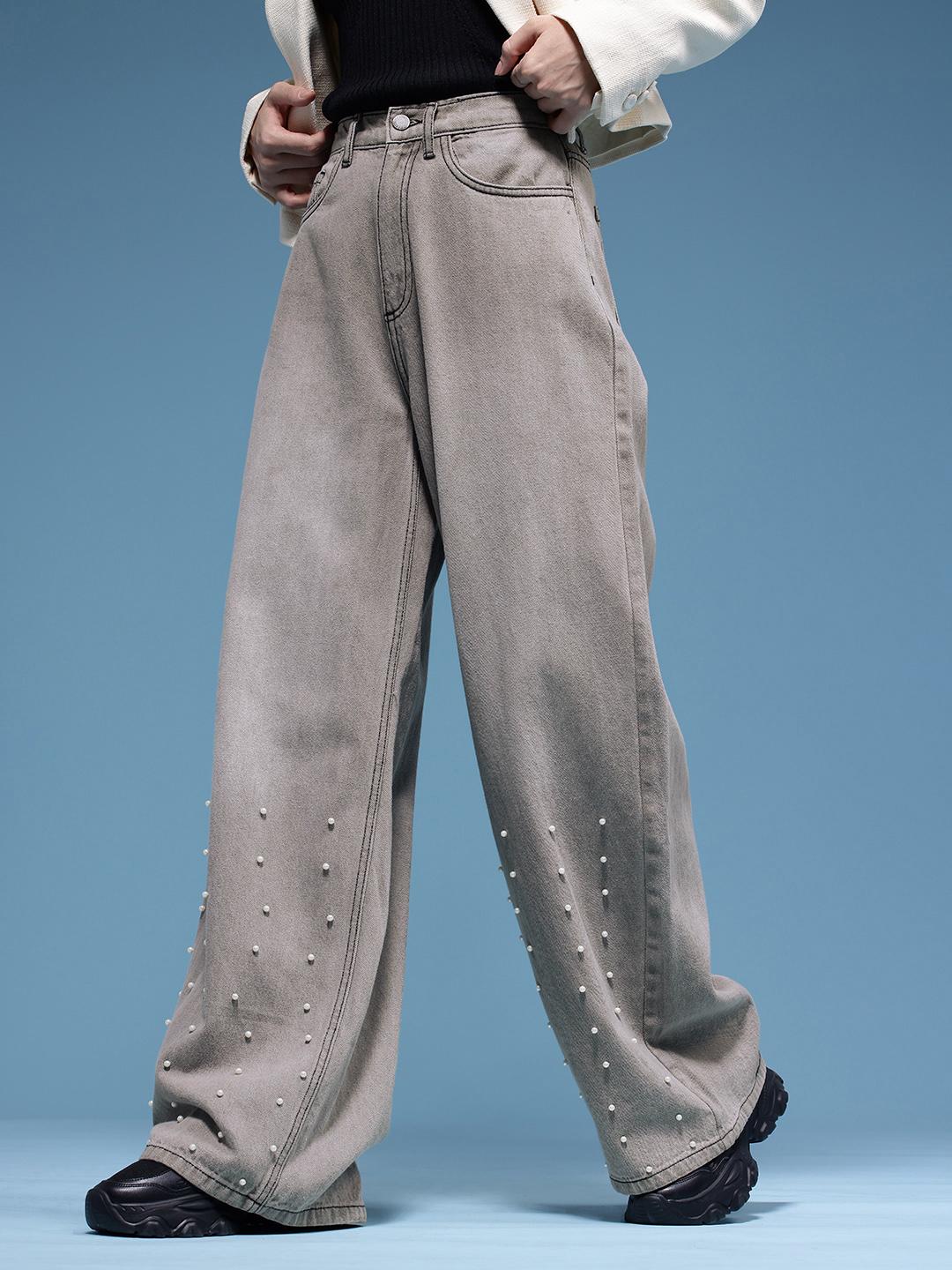 HERE&NOW Women Vintage Wash Baggy Mid-Rise Light Fade Embellished Pure Cotton Jeans