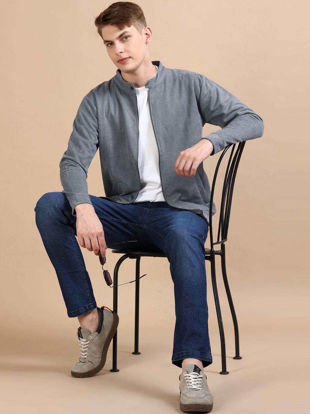 Men's Blue Mandarin Collar Solid Bomber Jacket