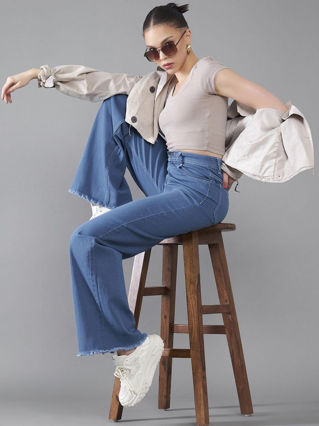 DOLCE CRUDO Women Wide-Leg High-Rise Clean-Look Regular-Length Stretchable Denim Jeans