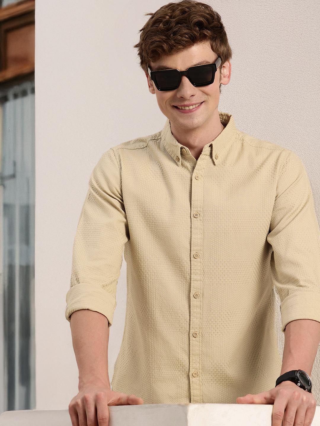 HERE&NOW Pure Cotton Self Design Textured Casual Shirt