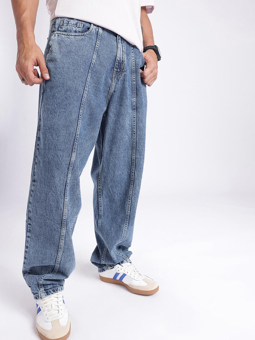 glitchez Men Skater Fit Light Fade Panelling Jeans
