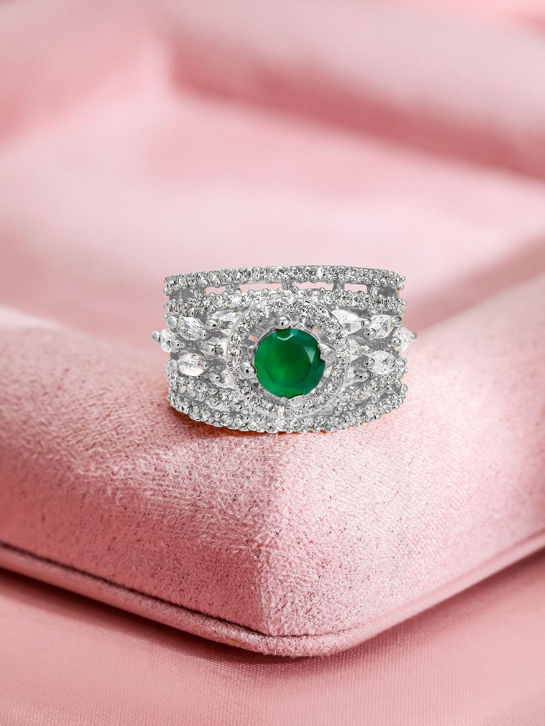 Women Rhodium Plated Emerald Green & White Cubic Zirconia Studded Statement Jewellery Set