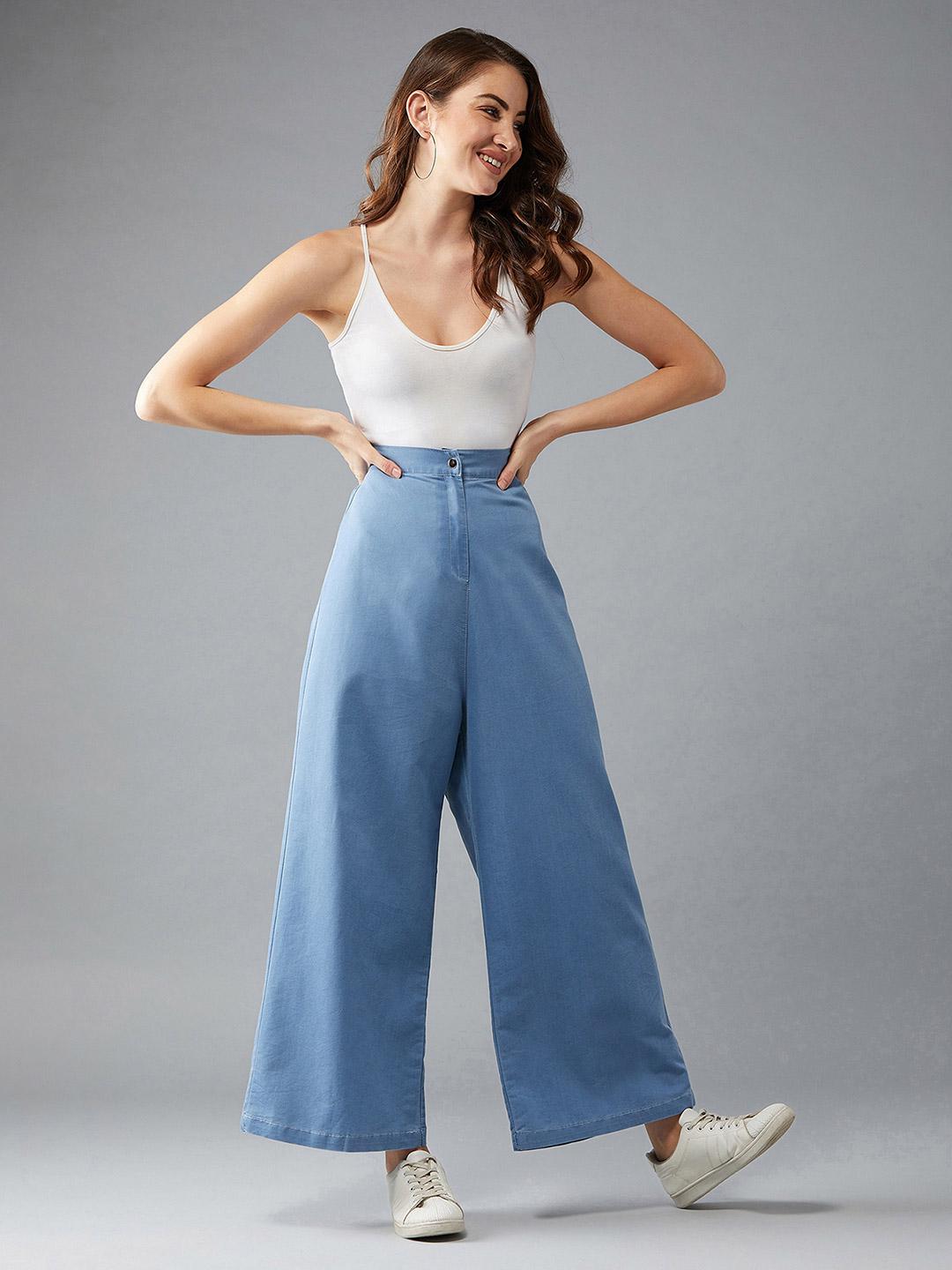 DOLCE CRUDO Women's Flared Wide-Leg High Rise Non Stretchable Light Weight Denim Pants