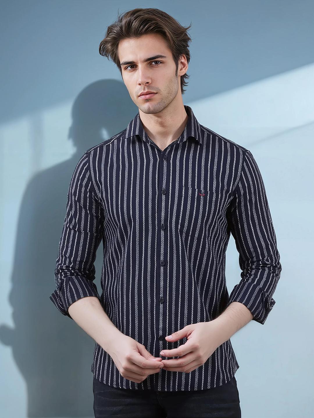 Crimsoune Club Men Classic Spread Collar Vertical Striped Cotton Slim Fit Casual Shirt