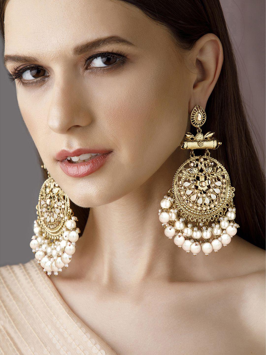 Buy Rubans 18K Antique Gold Plated Crescent Shaped Stone & White Pearls Beaded Chandbalis - - Accessories for Women