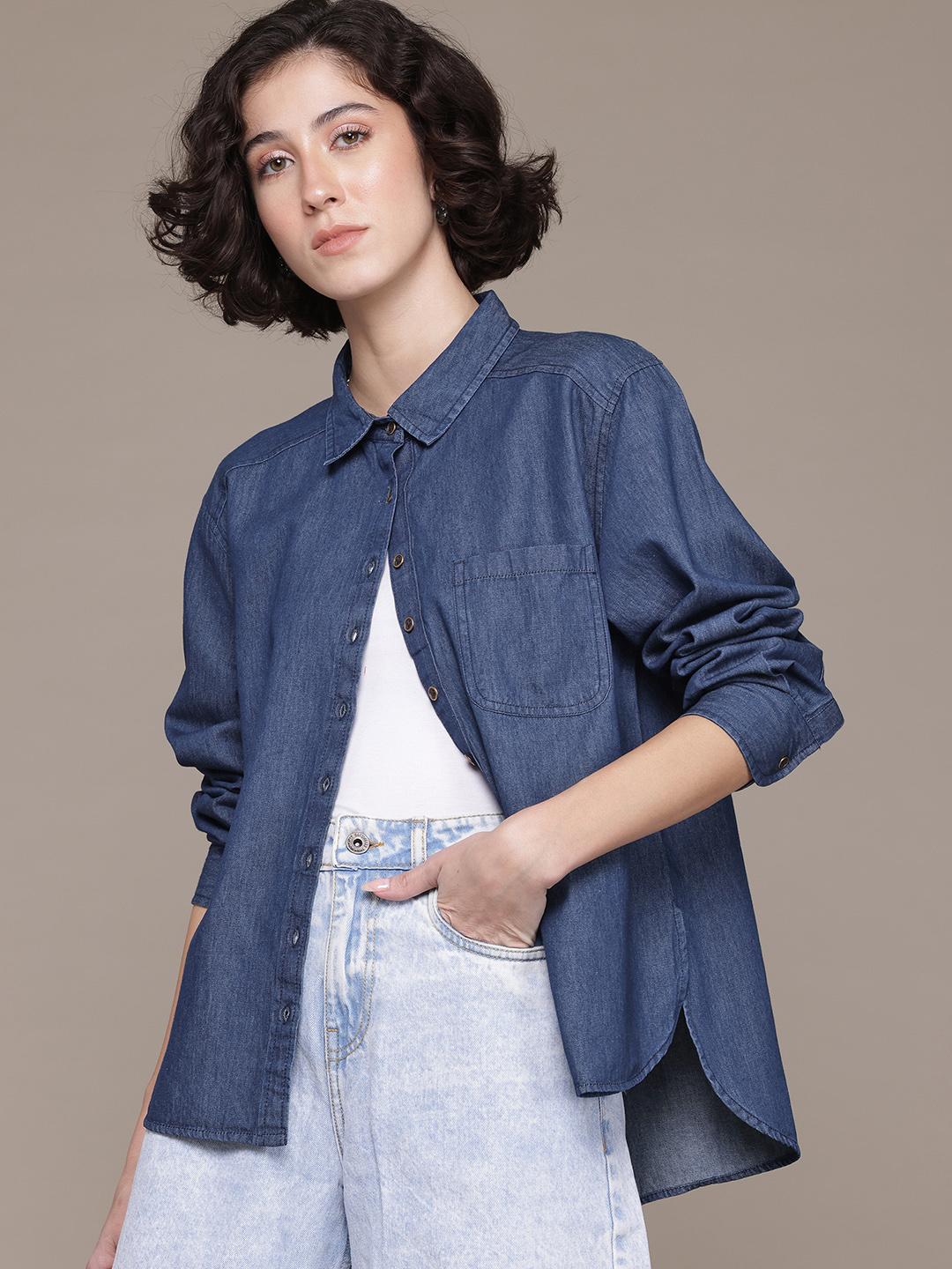 Trendy Casual Solid Color Denim Long Shirt for Women