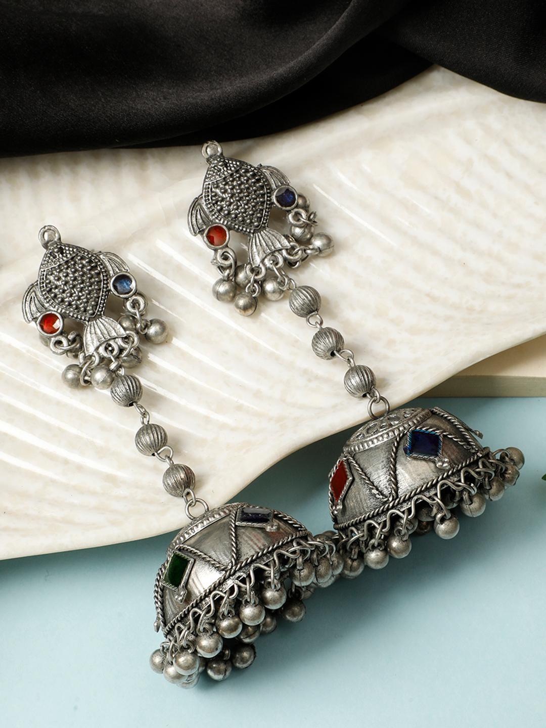 Buy VIVAZS Silver Plated Stone Studded Dome Shaped Jhumkas - - Accessories for Women