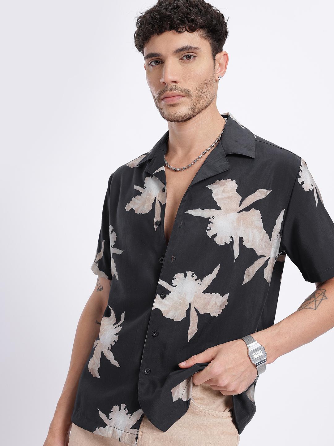 glitchez Abstract Print Cuban Collar Relaxed Fit Shirt