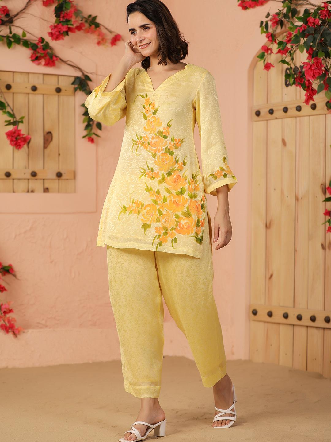 Women Regular Silk Crepe Kurta with Trousers