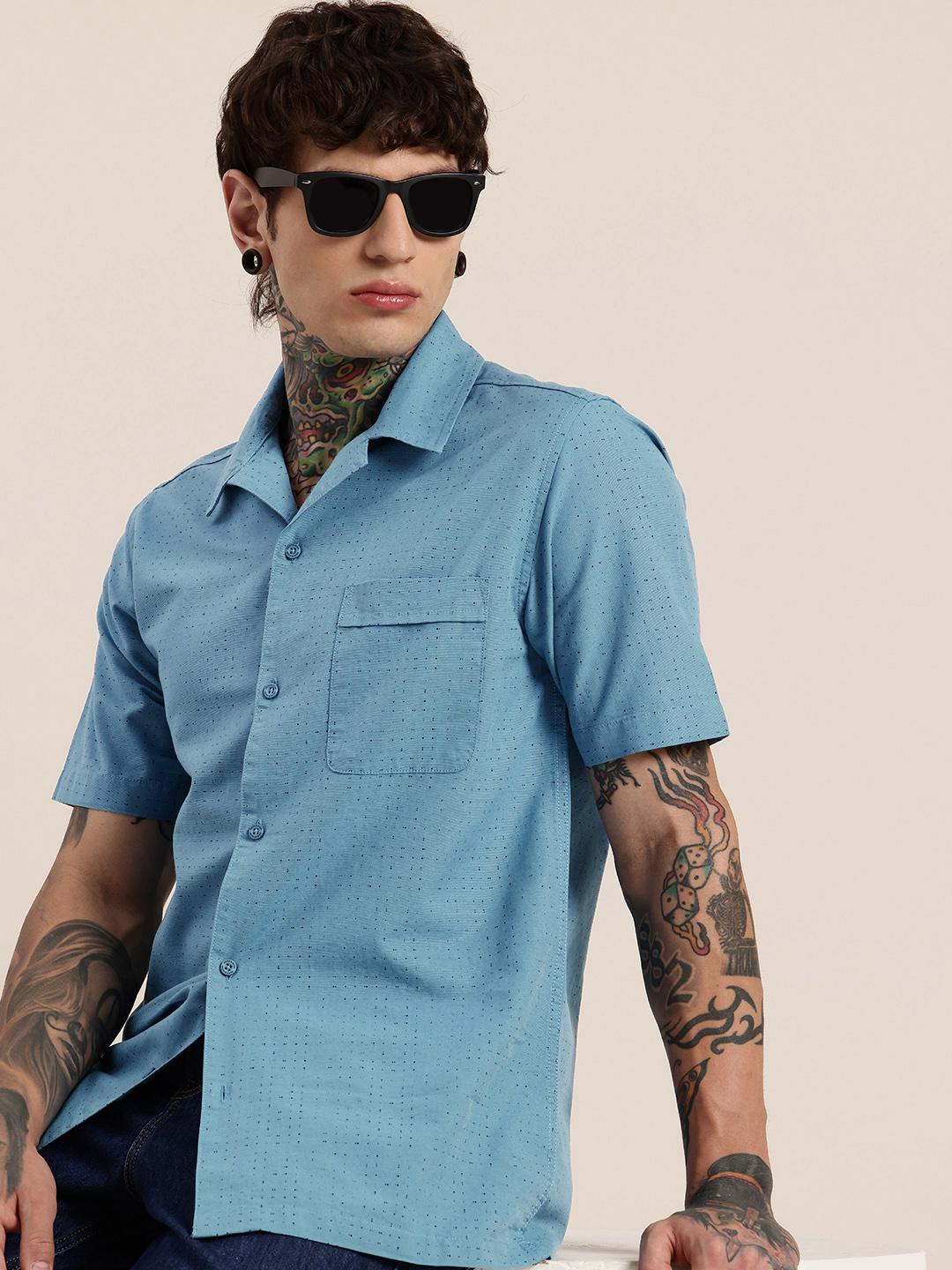 HERE&NOW Pure Cotton Abstract Printed Cuban Collar Casual Shirt