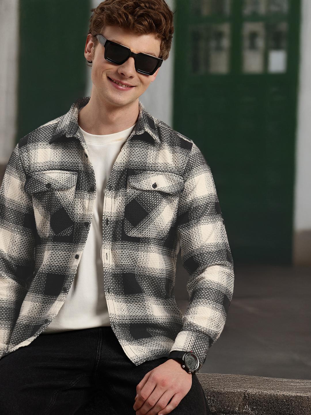 HERE&NOW Pure Cotton Self Design Textured Casual Shirt