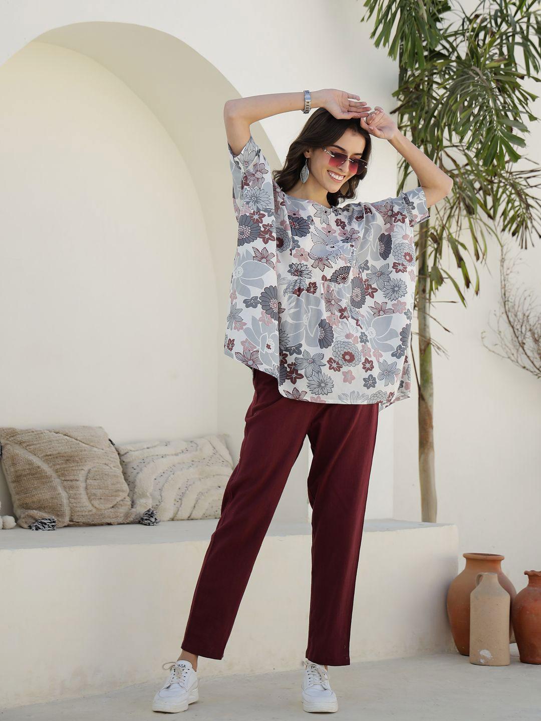 Buy SANSKRUTIHOMES Printed Round Neck Short Sleeves Pure Cotton Top ...