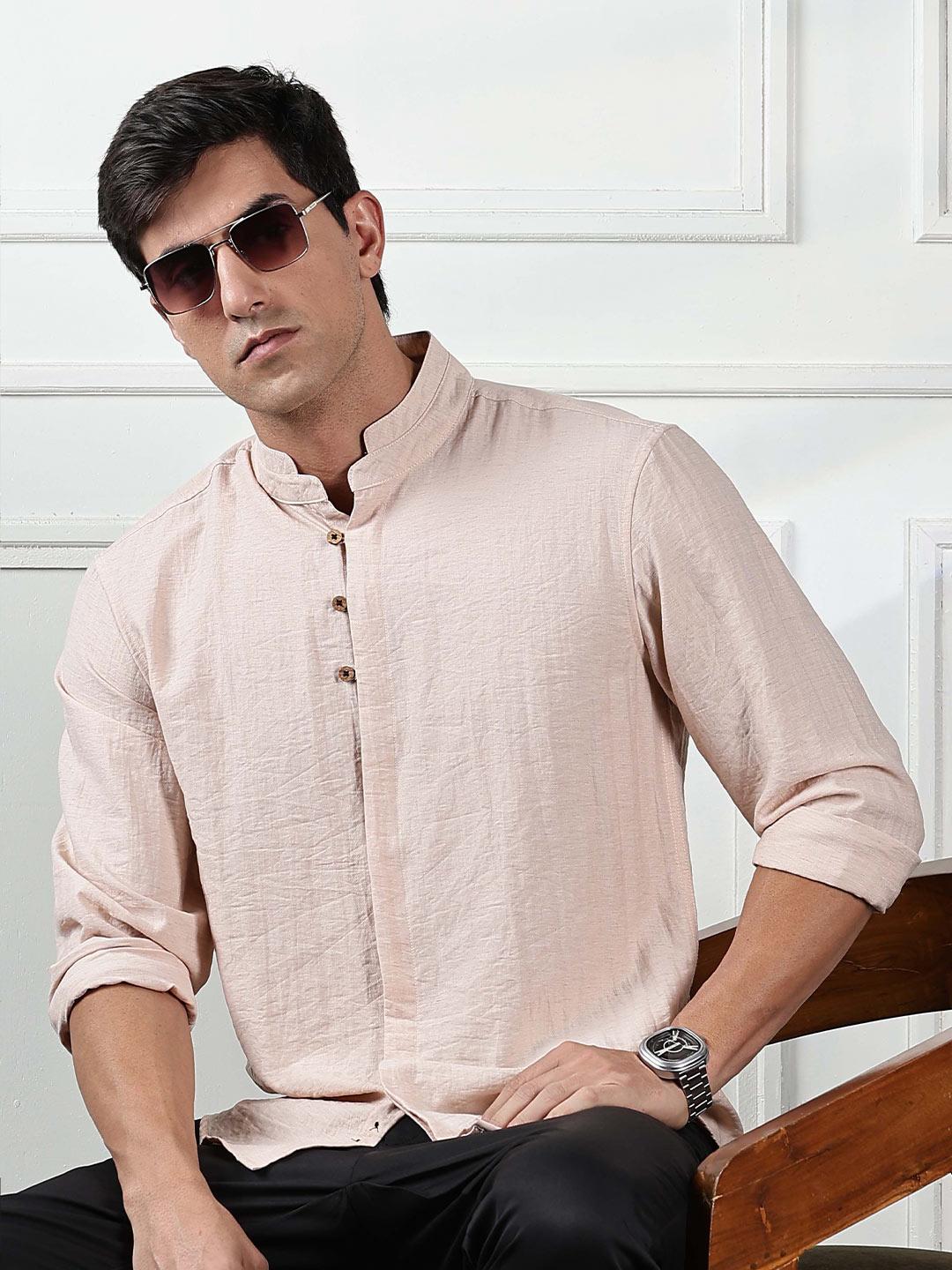 HERE&NOW Men Mandarin Collar Solid Cotton Regular Fit Casual Shirt