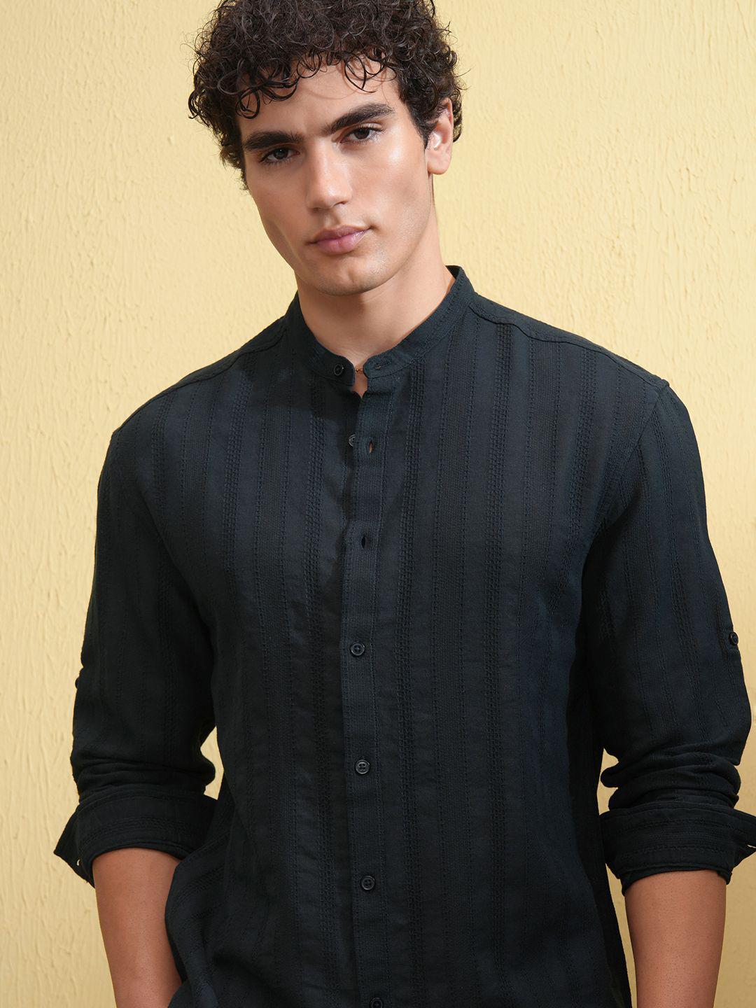 HIGHLANDER Men Mandarin Collar Vertical Striped Cotton Relaxed Fit Casual Shirt