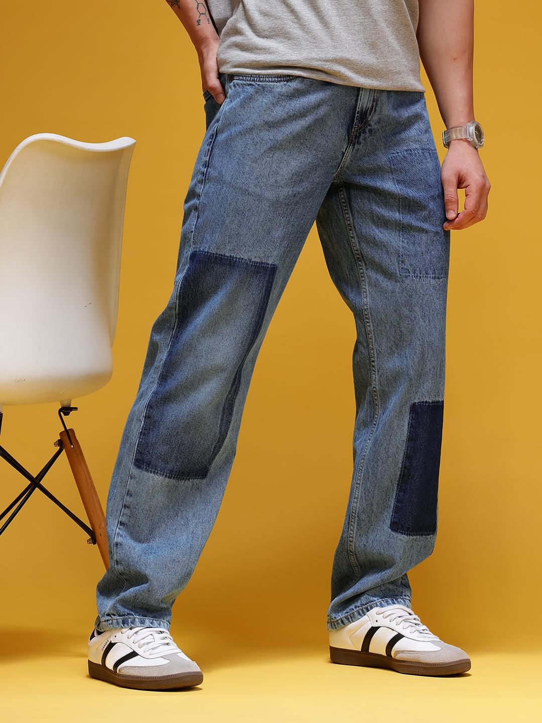 HERE&NOW Men Mid-Rise Patchwork Detail Light Fade Pure Cotton Straight Fit Jeans