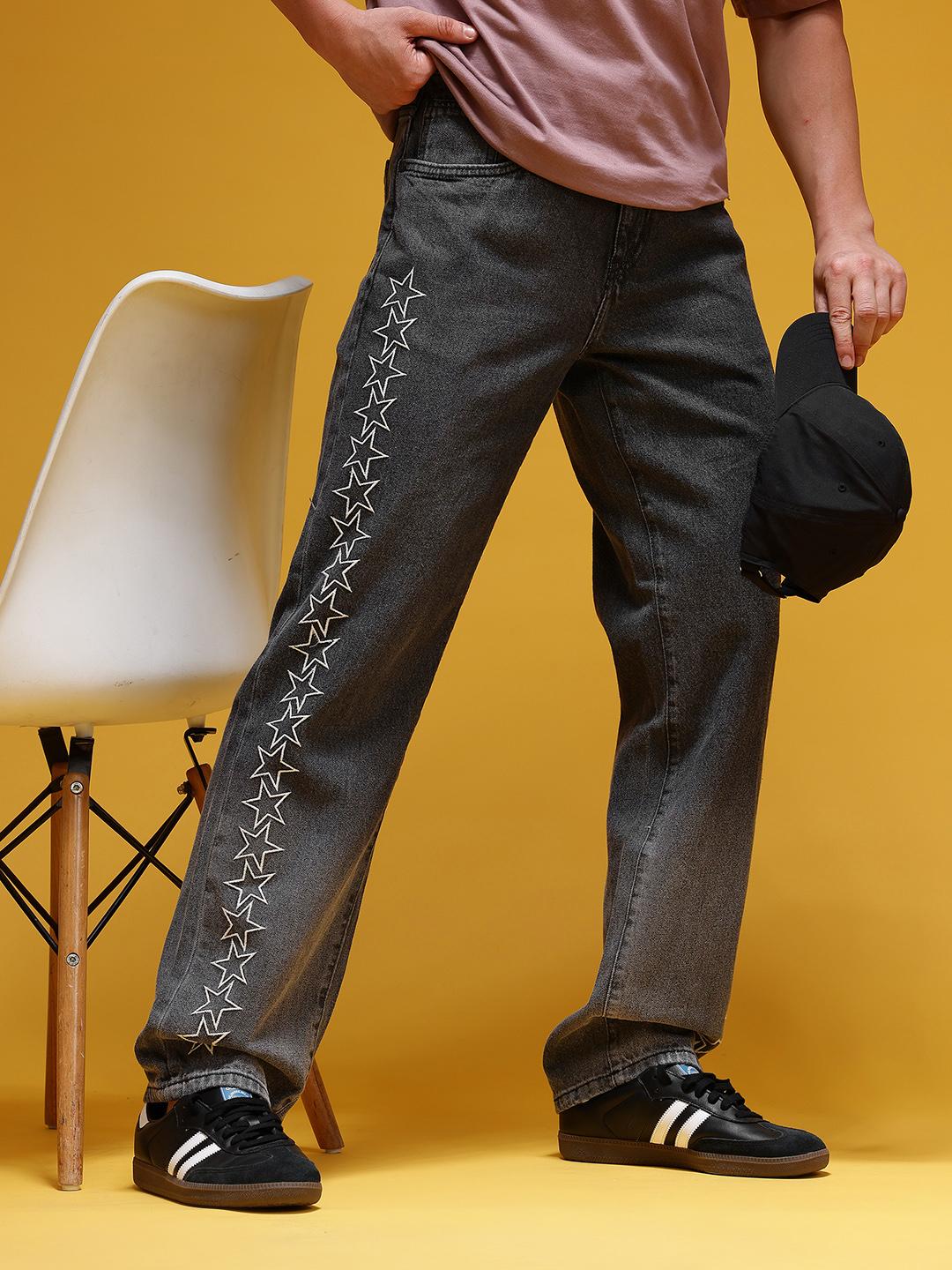 HERE&NOW Men Embroidered Mid-Rise Pure Cotton Straight Fit Jeans
