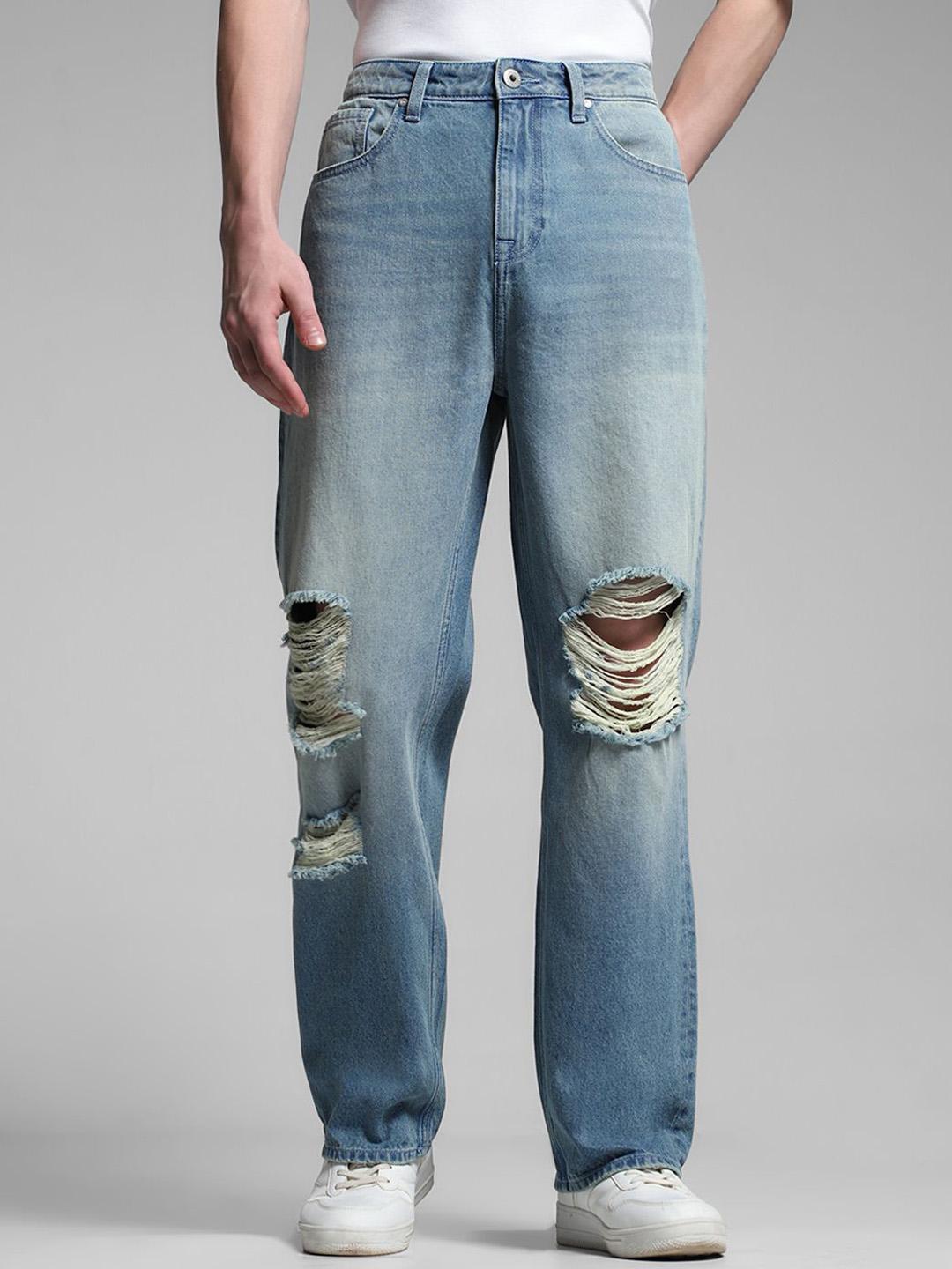 Jack & Jones Men Wide Leg High-Rise Highly Distressed Heavy Fade Cotton Jeans