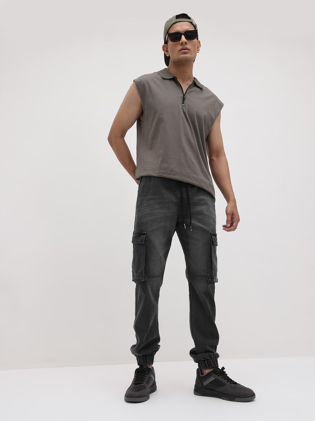 The Roadster Life Co. Men Relaxed Fit Mid-Rise Light Fade Cargo Style Jeans