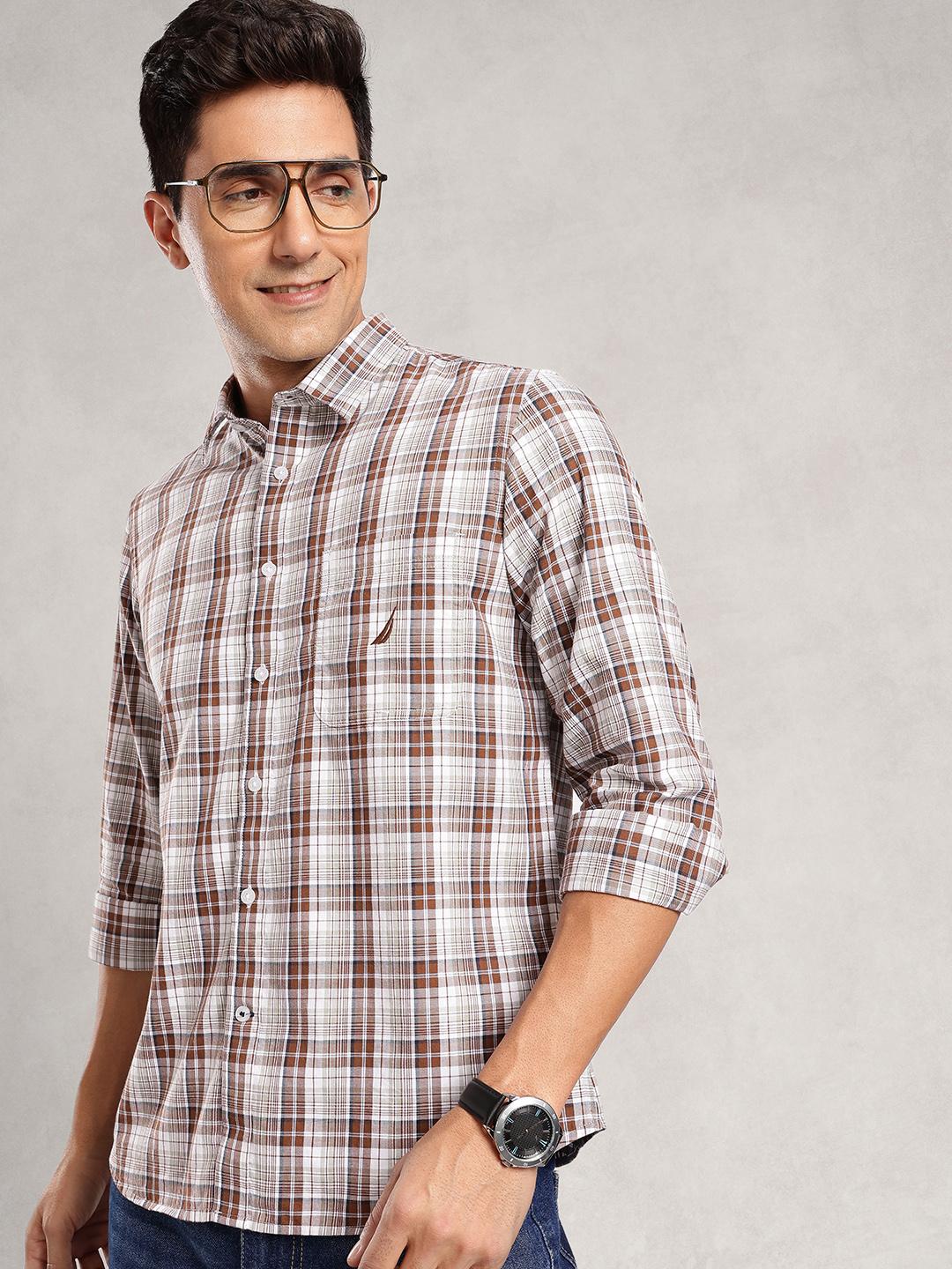 Nautica Slim Fit Checked Pure Cotton Casual Shirt