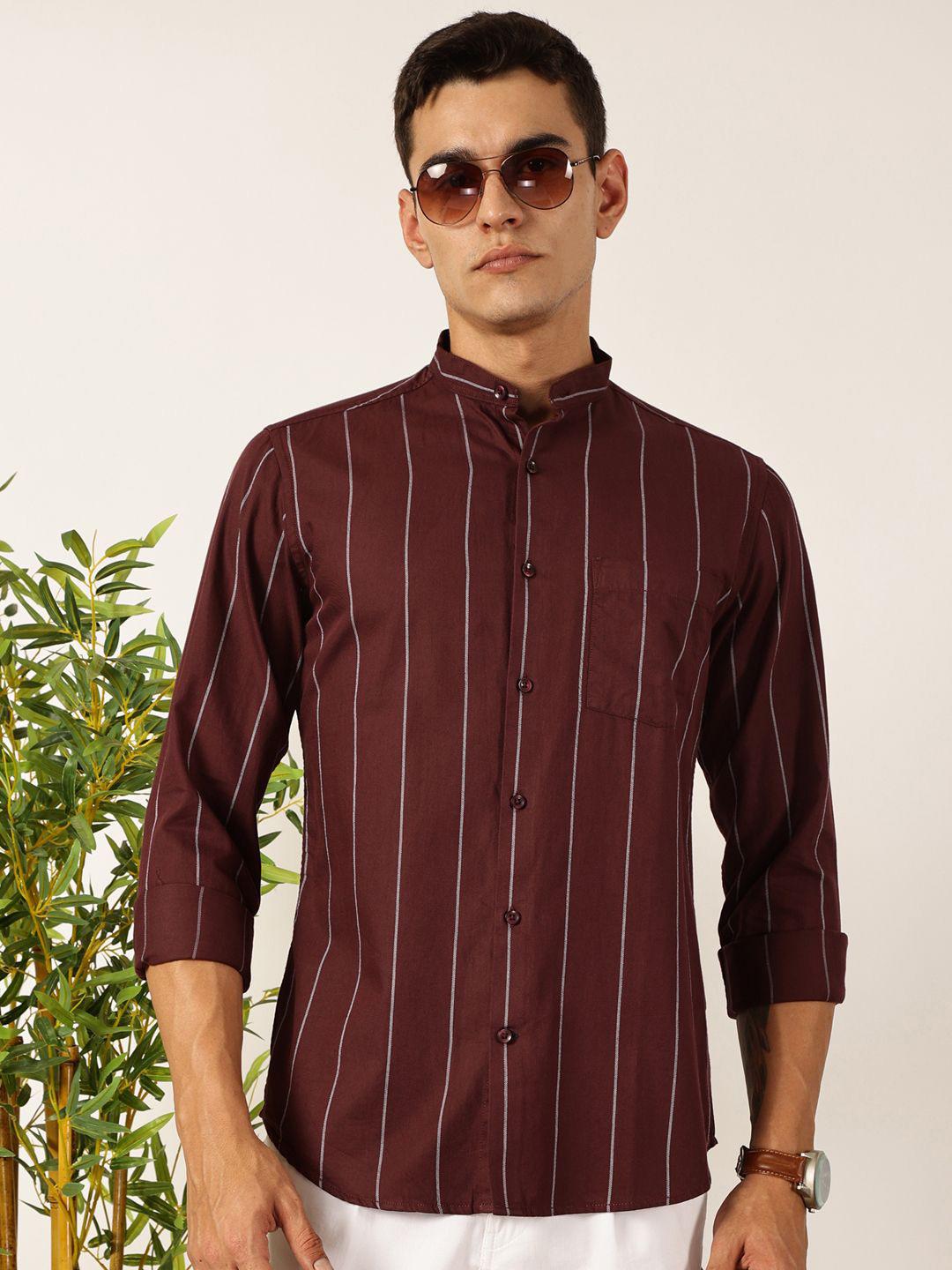 Mast & Harbour Men Premium Fit Band Collar Vertical Striped Cotton Casual Shirt