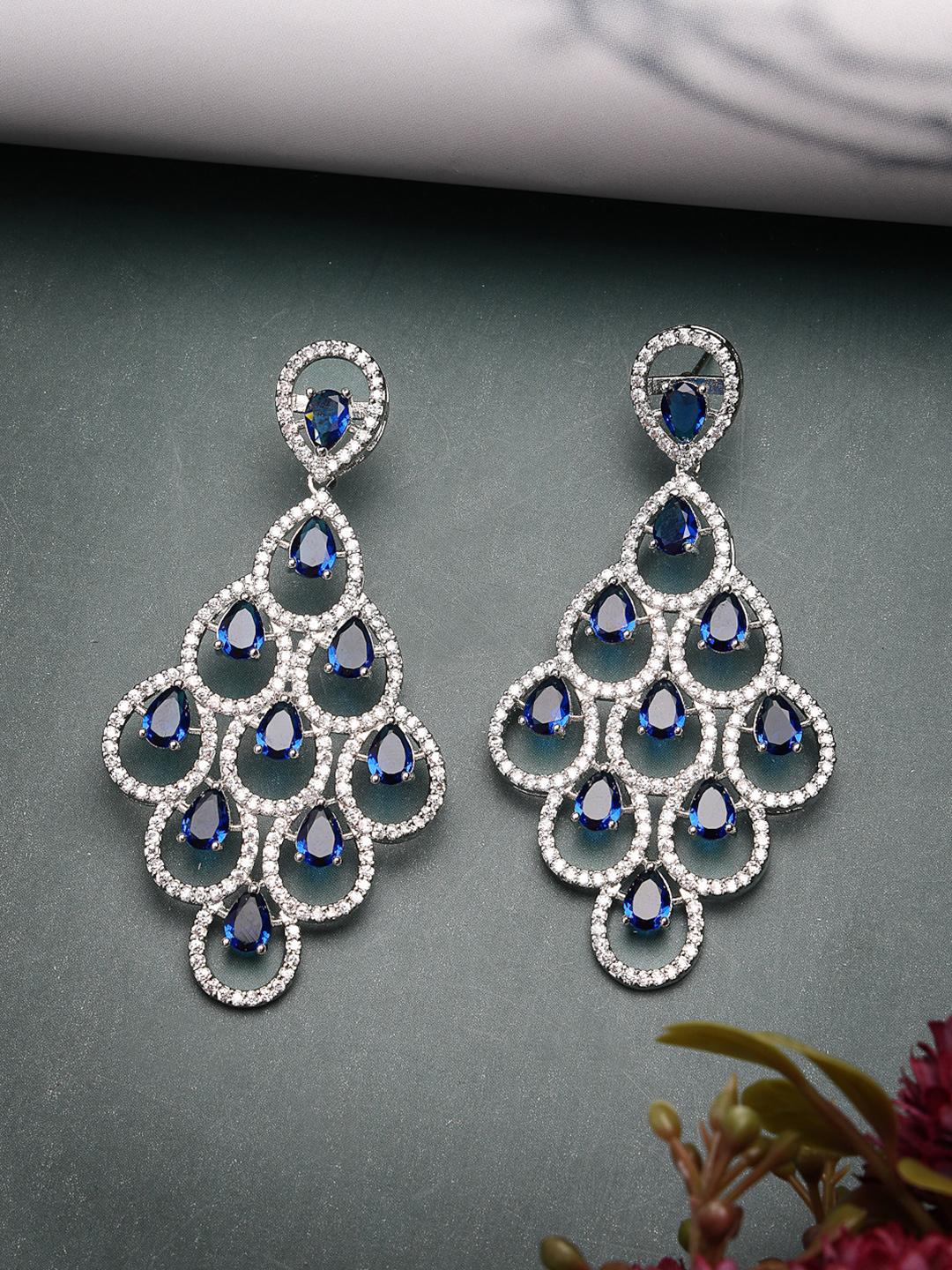 Buy ZENEME Rhodium Plated Blue American Diamond Studded Contemporary Drop Earrings -  - Accessories for Women