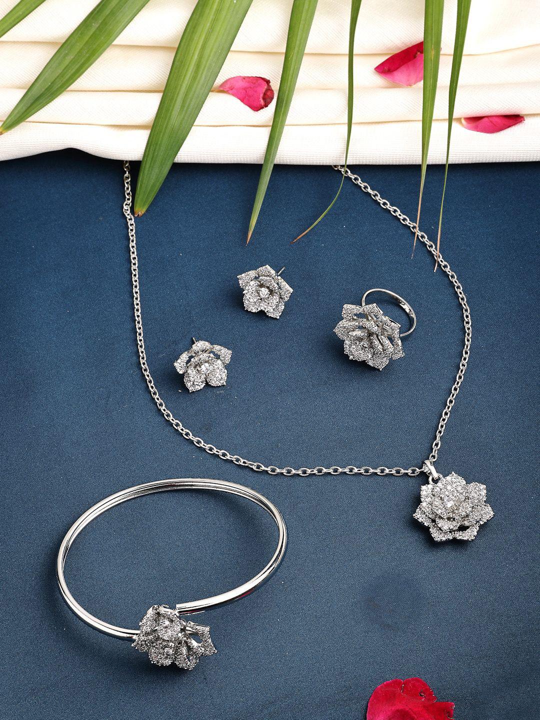 Buy ZENEME Rhodium Plated Silver Toned Ad Studded Pendant Set Earrings Bracelet & Ring - - Accessories for Women