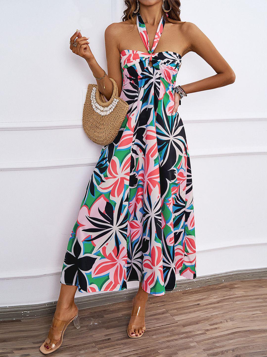Buy JC Mode Women Tropical Print Halter Neck Maxi Dress - Dresses for ...