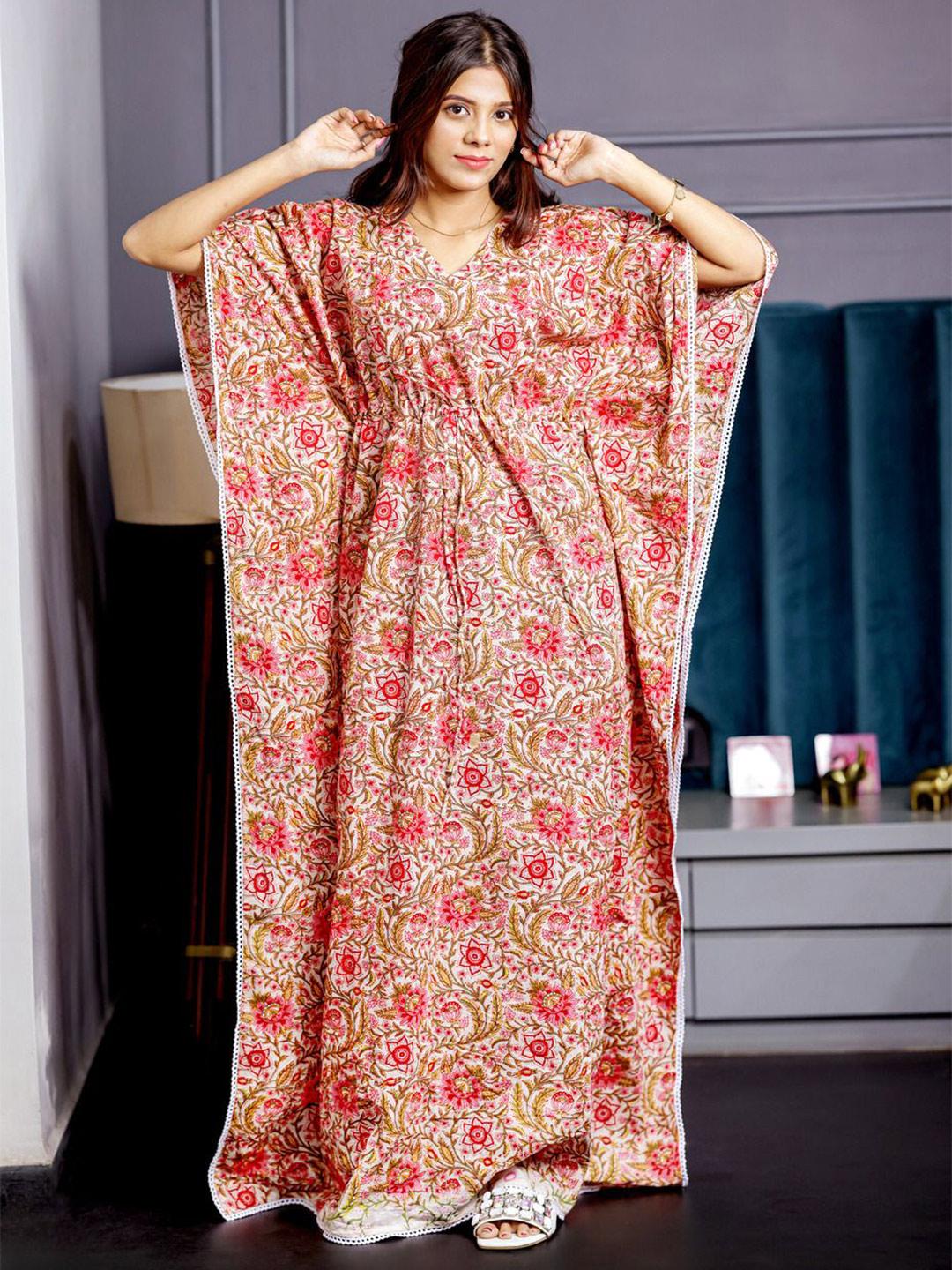 Floral Print Dark Blue Chanderi Silk Maternity Kaftan Dress Calf Length main image 1