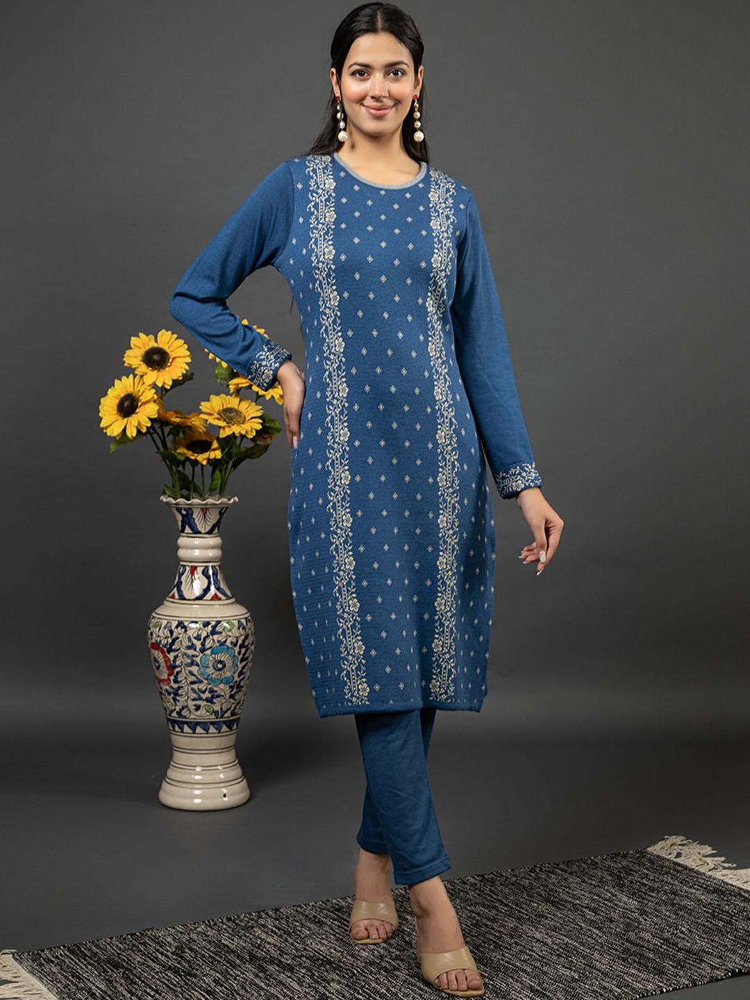 Women's Blue Ethnic Motifs Straight Kurta Set