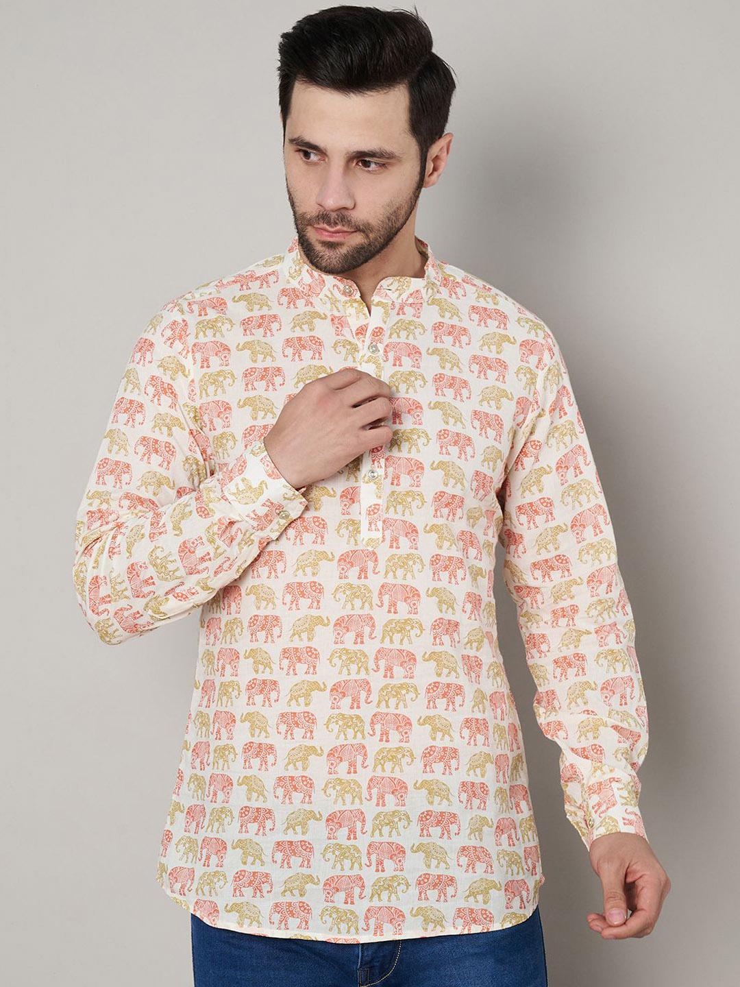 Buy FABRIC FITOOR Elephant Print Band Collar Short Kurta - Kurtas for ...