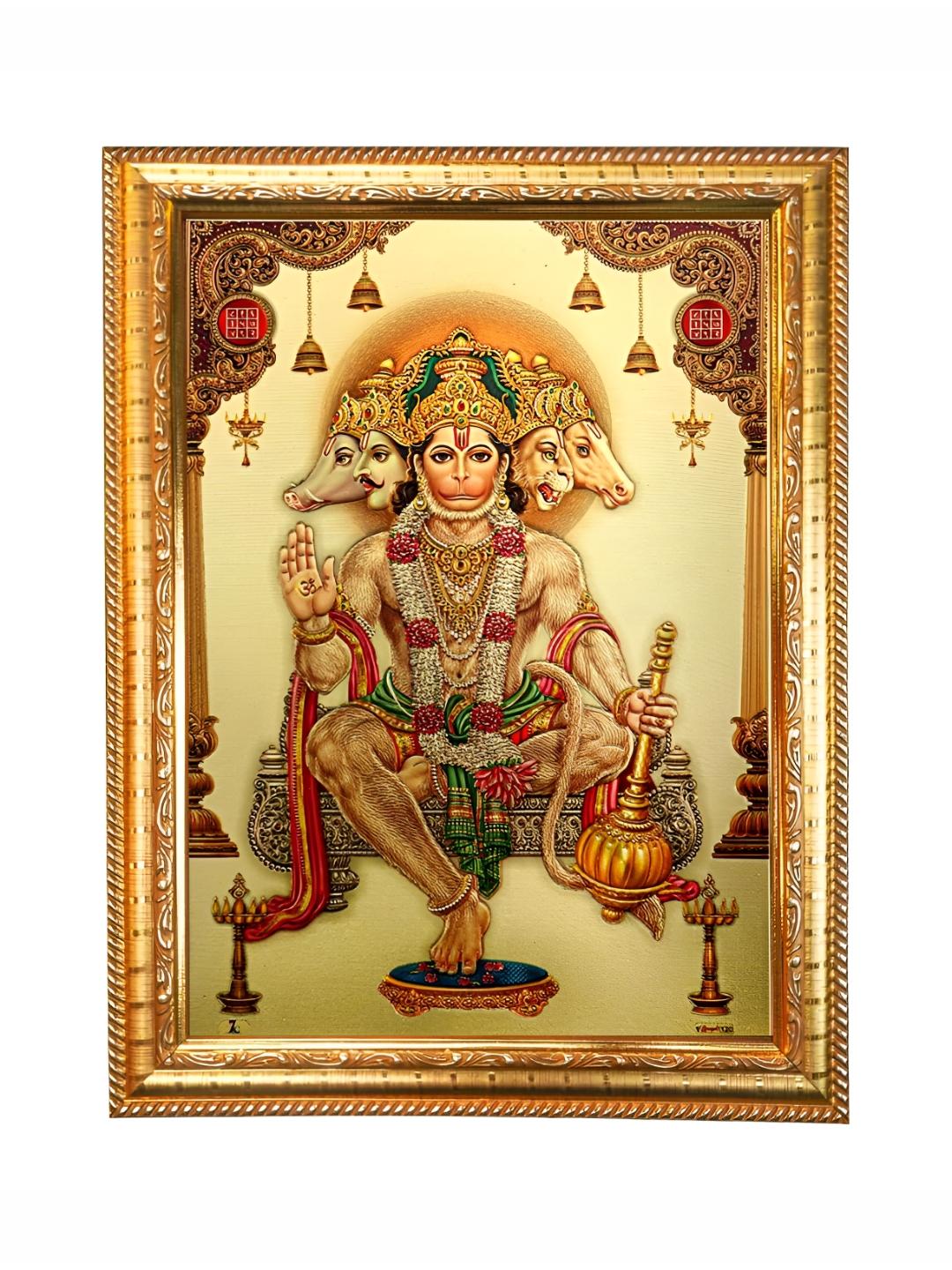 Buy Hawai Gold Toned & Red Lord Panchmukhi Hanuman Wooden Wall Photo ...