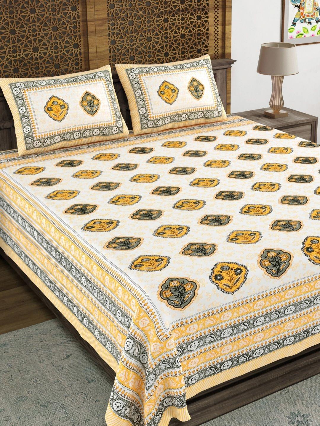 Buy BLOCKS OF INDIA Yellow Ethnic Motifs Cotton 210 TC King Fine Bedsheet With 2 Pillow Covers 228 X 274 Cm - - Home for Unisex