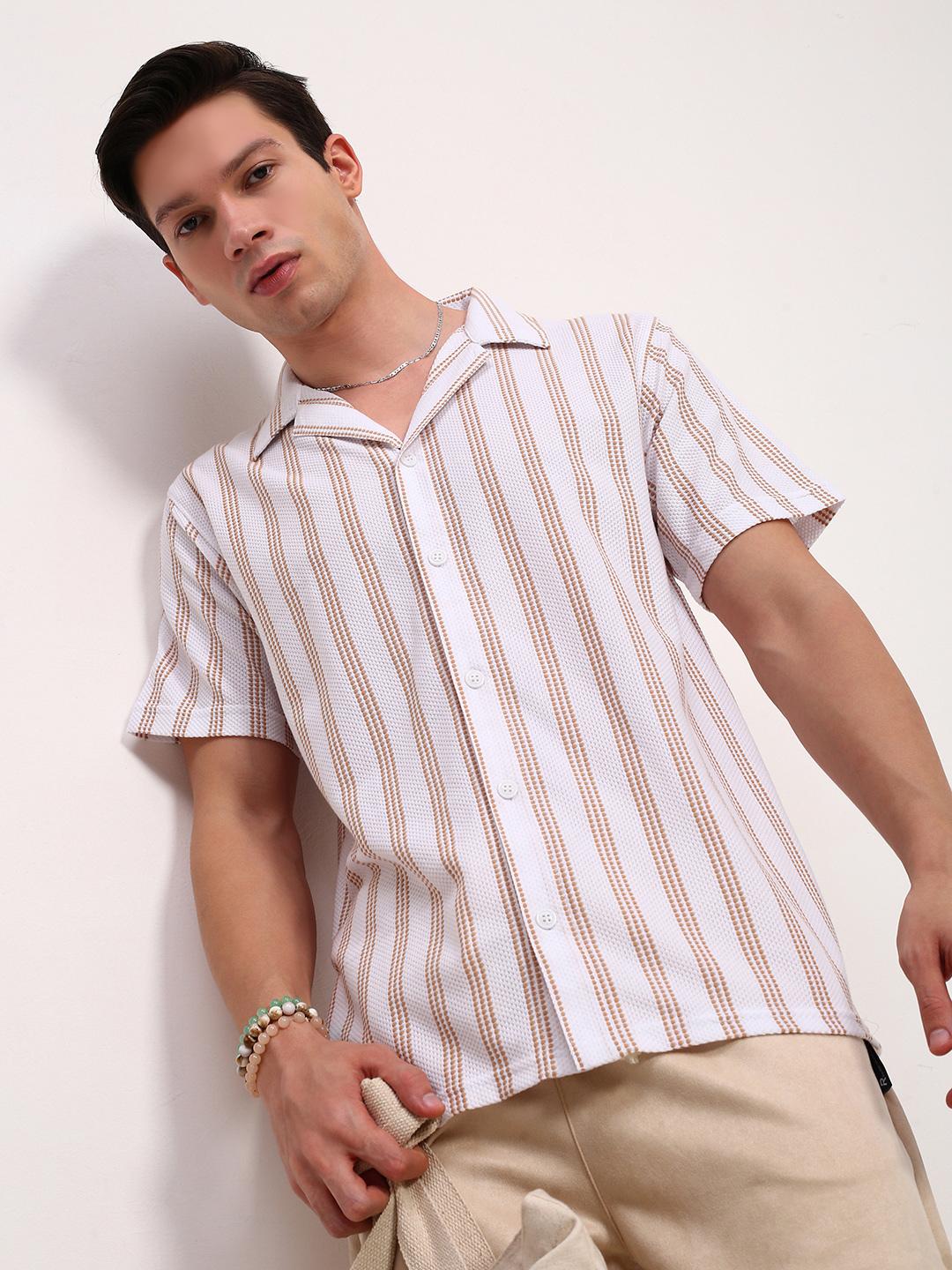 Men's Cuban Collar Vertical Stripes Cotton White Shirt main image 0