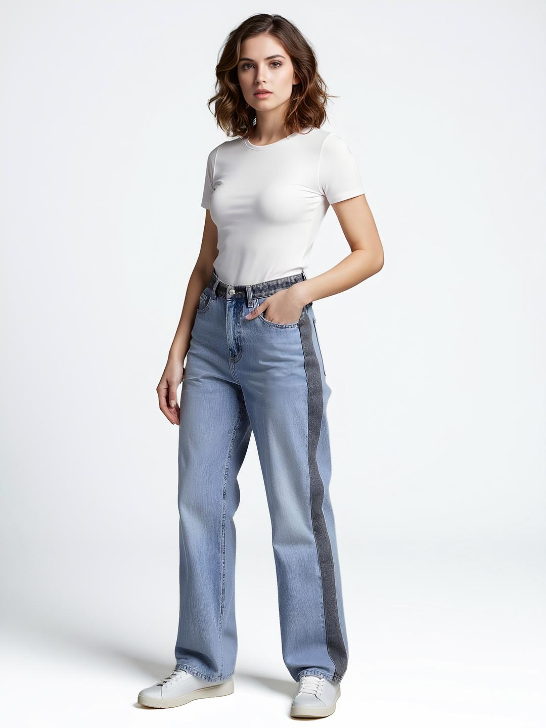 glitchez Women Wide Leg Mid-Rise Panelled Stretchable Jeans